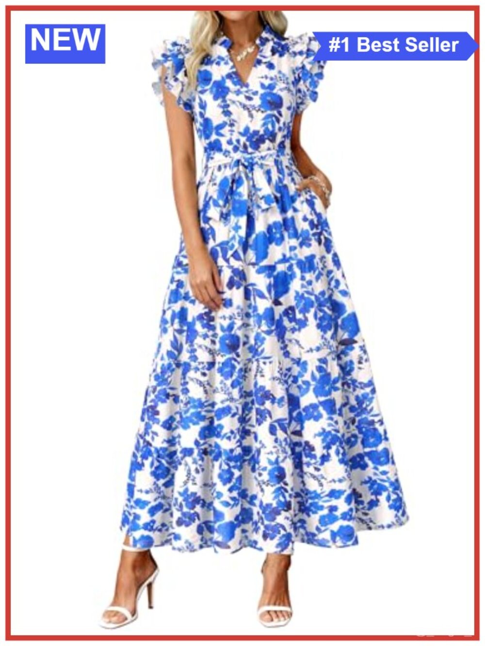 Boho Floral Maxi Dress V-Neck Cap Sleeve Ruffle Belted Tiered